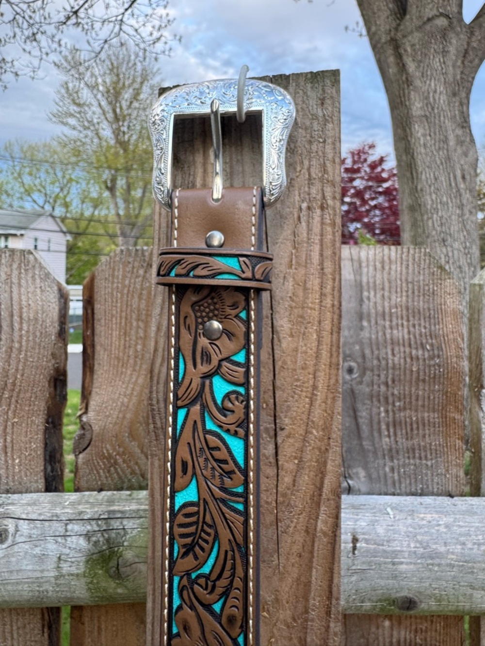 Shyanne Brown Tooled Leather Belt with Turquoise Inlay and Silver Buckle